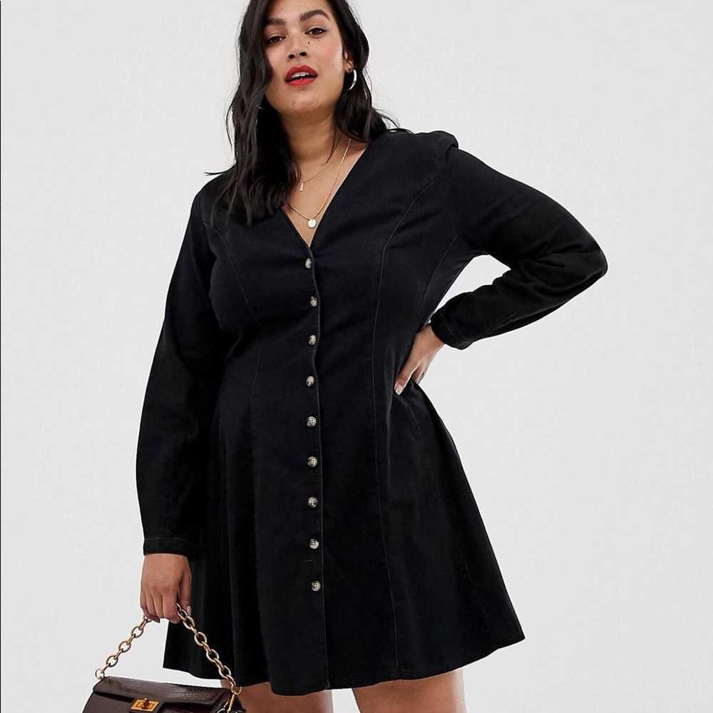 ASOS curve denim long sleeve button dress in black